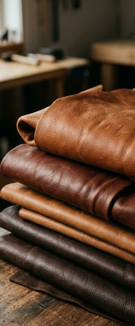 Stacked full-grain leather hides